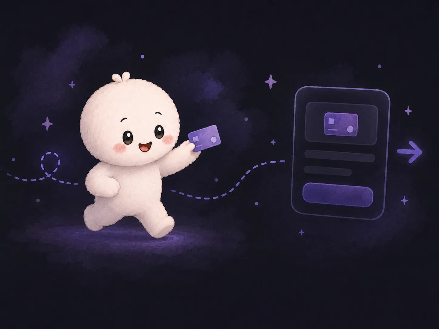 Illustration of a character running with a credit card toward a checkout form